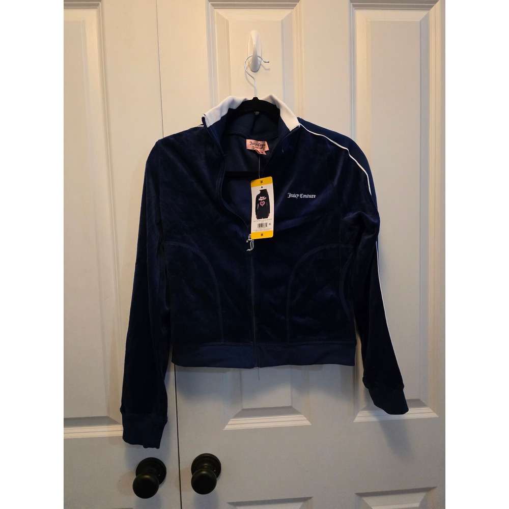 Juicy Couture Navy Velour Track Jacket Juicy Anyone Pickleball Heart NWT Medium